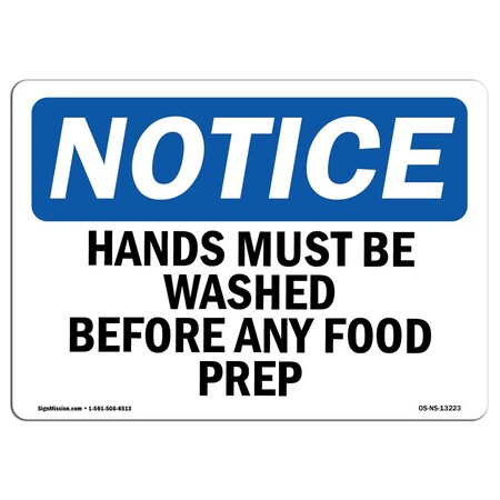 OSHA Notice Sign, Hands Must Be Washed Before Any Food Prep, 5in X 3.5in Decal